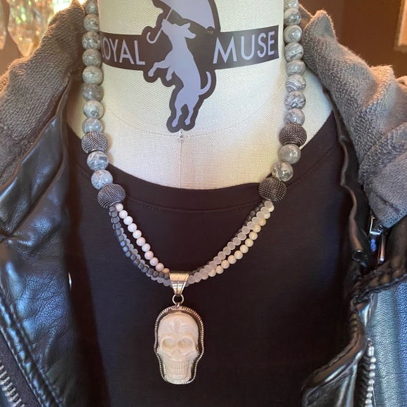 💀 LOYAL MUSE Handcrafted Skull Beaded Necklace. Stormy Jasper & Silver. - Picture 5 of 8
